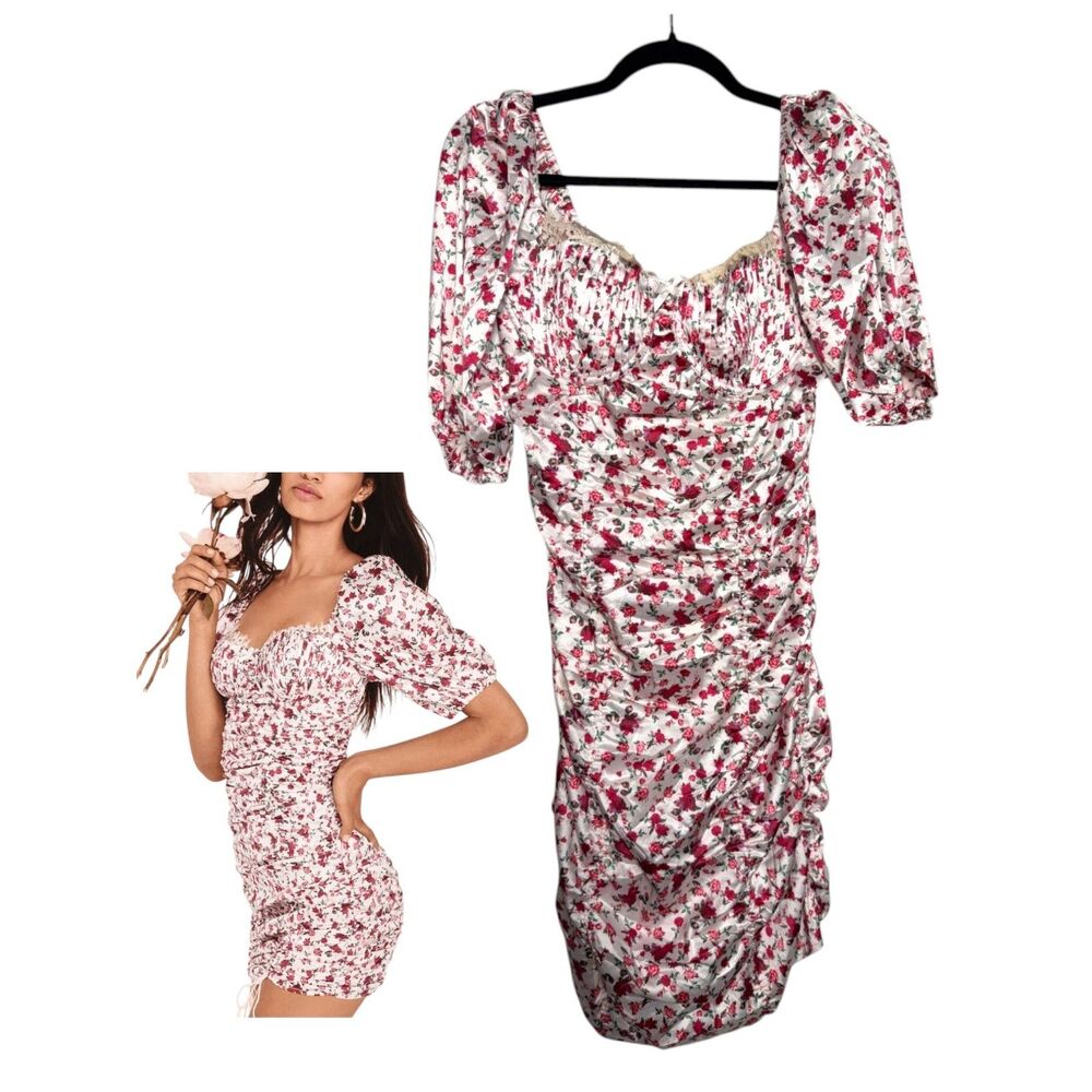 For Love and Lemons Melrose White Pink Floral Ruched Mini Cocktail Dress Large
